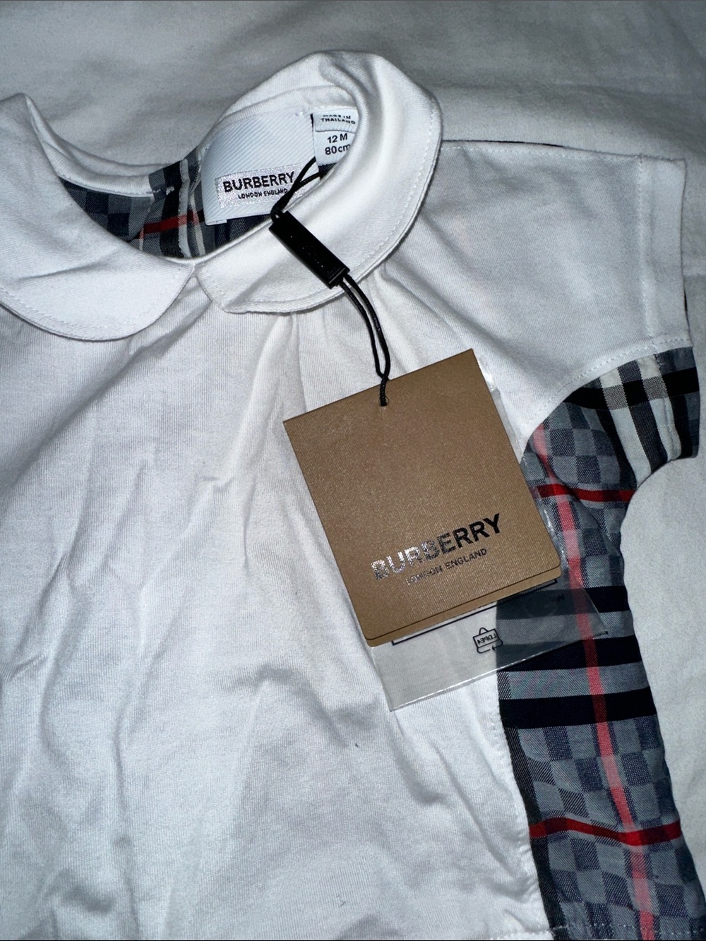 Burberry White Short Sleeve Tee with Iconic Check Side Panels - Picture 3 of 4